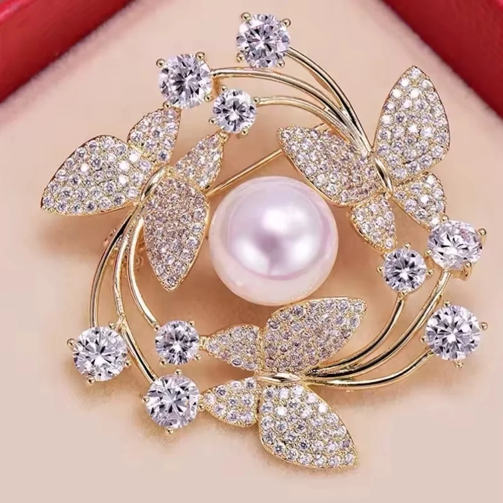 Classic Gold Butterfly Brooch Pearl Crystal Vintage Pin